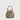Front view of taupe pebbled leather mini bucket bag