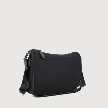 Angled back view of Braun Büffel MAPLE 12 black leather crossbody bag with adjustable shoulder strap and gold-tone hardware