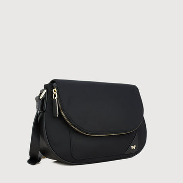 Angled front view of Braun Büffel MAPLE 13 black leather crossbody bag with flap design and gold-tone zipper detail