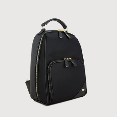 Angled front view of Braun Büffel MAPLE B 72 black leather backpack with front zip pocket and gold-tone hardware