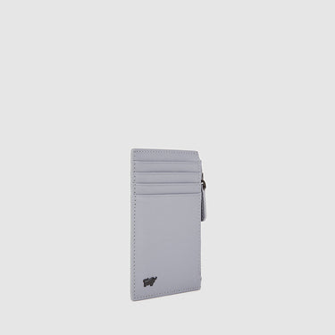 Angled front view of a grey Braun Büffel leather card holder with zip compartment