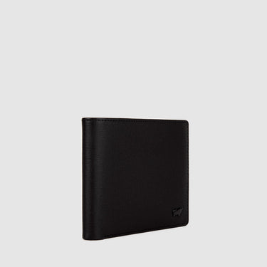 Angled side view of black Braun Büffel men’s leather wallet with slim profile