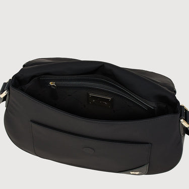 Angled top view of Braun Büffel MAPLE 13 black leather crossbody bag showing zippered main compartment and interior pocket