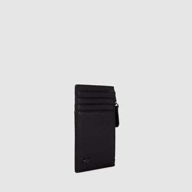 Angled view of black Braun Büffel leather card holder with slim card slots and side zip pocket