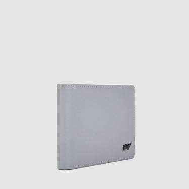 Angled view of grey Braun Büffel men’s leather wallet with slim profile and logo detail