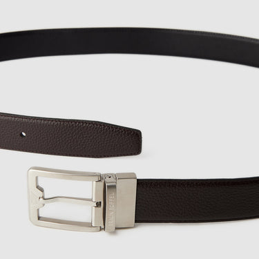 EMBOSSED REVERSIBLE LEATHER BELT IN SATIN NICKEL FINISH WITH STAINLESS STEEL BUCKLE