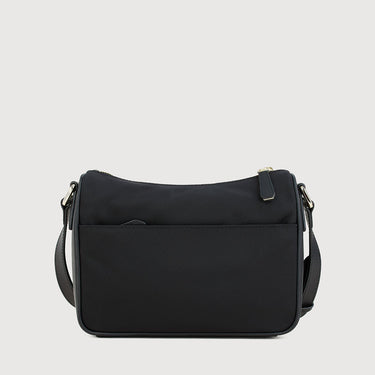Back view of Braun Büffel MAPLE 12 black leather crossbody bag with rear slip pocket and adjustable shoulder strap