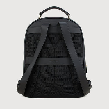 Back view of Braun Büffel MAPLE 73 black leather backpack with padded mesh back panel and adjustable shoulder straps