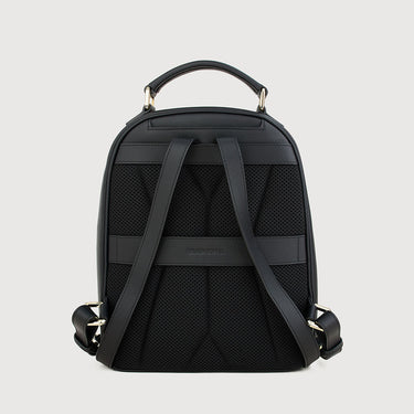 Back view of Braun Büffel MAPLE B 72 black leather backpack with padded mesh back panel and adjustable shoulder straps