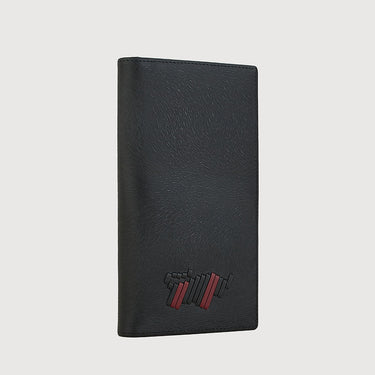 Black leather long wallet with embossed logo detail by Braun Buffel