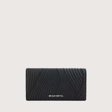 Black leather wallet with a quilted pattern, featuring the 'BRAUN BUFFEL' logo on the front