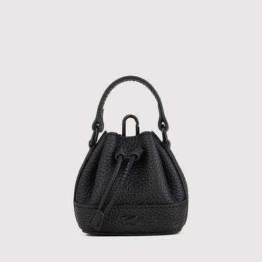 Black pebbled leather mini bucket bag with drawstring closure and top handle by Braun Büffel