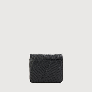 Black quilted leather wallet with a sleek, minimalistic design, showing a side view