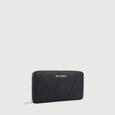 Black quilted leather wallet with a zipper closure, featuring the 'BRAUN BUFFEL' logo on the front