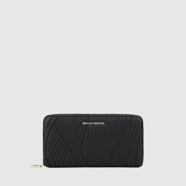 Black quilted leather wallet with a zipper closure, featuring the 'BRAUN BUFFEL' logo prominently on the front