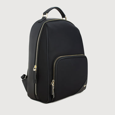 Braun Büffel MAPLE 73 black leather backpack side view with gold zippers and front pocket