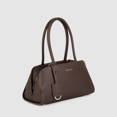 Braun Büffel Rhomby leather tote bag in soil brown, size S angled side view with structured design, top handles and shoulder strap