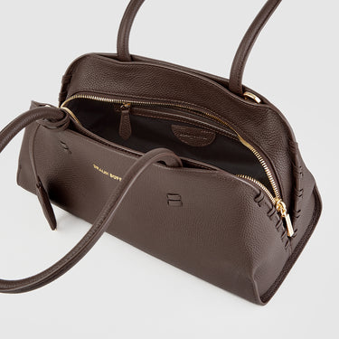 Braun Büffel Rhomby leather tote bag in soil brown, size S open top view showing spacious interior, zip closure and shoulder strap