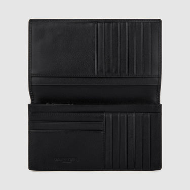Braun Büffel black leather long wallet, open interior view showing multiple card slots and compartments