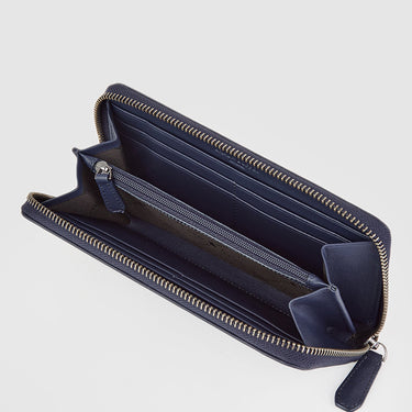 Braun Büffel deep blue zip-around long wallet interior with card slots and zip coin compartment