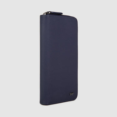 Braun Büffel deep blue zip-around long wallet with logo, angled front view