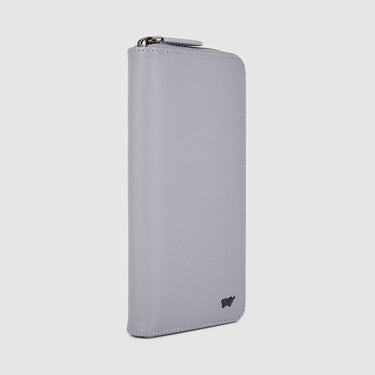 Braun Büffel grey zip-around long wallet angled view with smooth leather finish