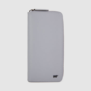 Braun Büffel grey zip-around long wallet front view with clean leather finish