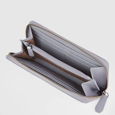 Braun Büffel grey zip-around long wallet interior view with multiple card slots and zip coin pocket