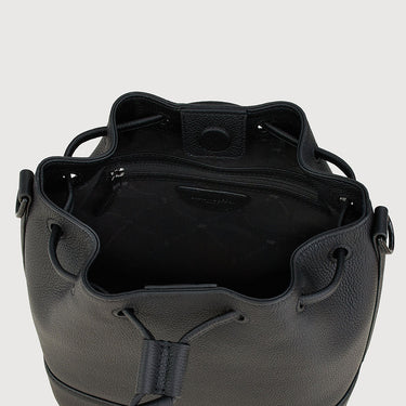 Braun Buffel small black leather bucket bag interior view with drawstring closure and zip pocket