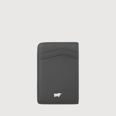 Close-up of a dark grey leather cardholder with multiple card slots and an embossed logo at the bottom