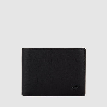 Flat lay of black Braun Büffel men’s leather wallet showcasing textured finish and subtle logo