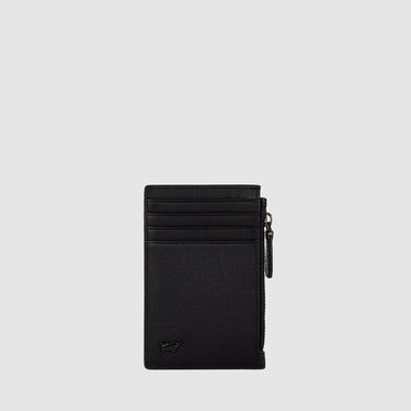 Front-facing black Braun Büffel leather card holder with slim card slots and side zip compartment