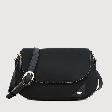 Front view of Braun Büffel MAPLE 13 black leather crossbody bag with flap closure, adjustable shoulder strap and gold-tone hardware