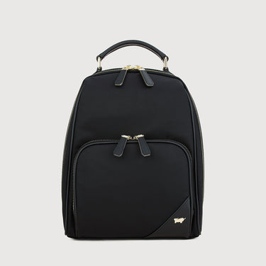 Front view of Braun Büffel MAPLE B 72 black leather backpack with front zip pocket and top handle