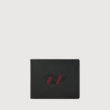 Front view of Braun Büffel black leather wallet with red accented buffalo logo