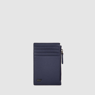Front view of a deep blue Braun Büffel leather card holder with zip pocket
