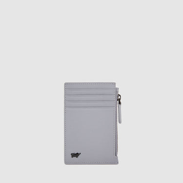 Front view of a grey Braun Büffel leather card holder with multiple card slots and side zip pocket
