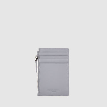 Front view of a grey Braun Büffel leather card holder with zip pocket