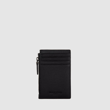 Front view of black Braun Büffel leather card holder with zip pocket and card slots