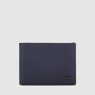 Front view of deep blue Braun Büffel men’s leather wallet with smooth finish and embossed logo
