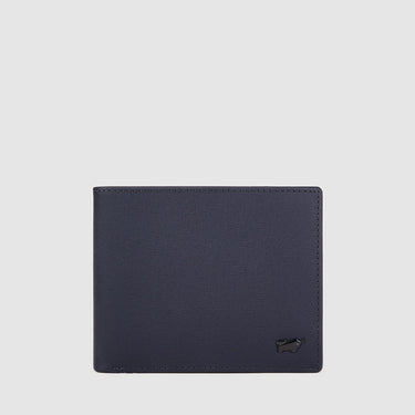 Front view of deep blue Braun Büffel men’s leather wallet with subtle logo accent