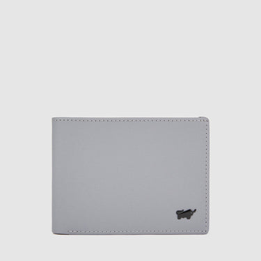 Front view of grey Braun Büffel men’s leather wallet with minimalist logo detail