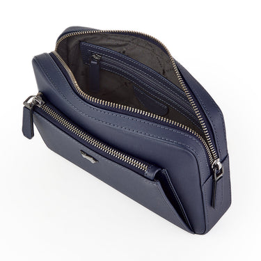 Navy leather zip pouch with multiple compartments and interior pockets, shown open