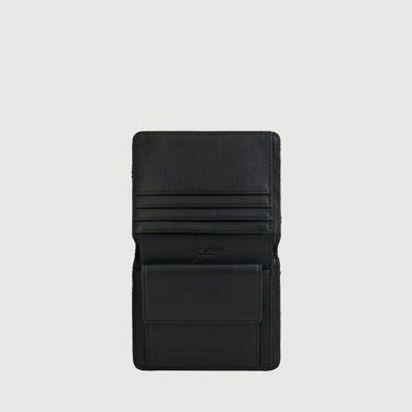 Open black leather wallet showing card slots and a pocket, with the 'BRAUN BUFFEL' logo visible