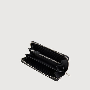 Open black leather wallet with multiple compartments and a zipper, displaying interior card slots and a coin section
