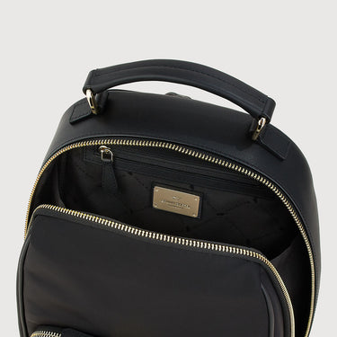 Top view of Braun Büffel MAPLE B 72 black leather backpack showing zippered main compartment and interior branding