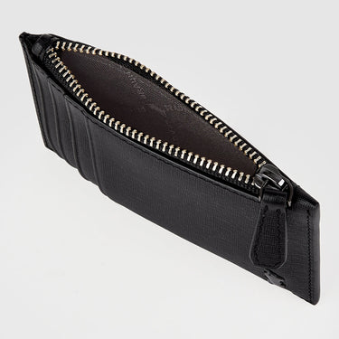 Top view of black Braun Büffel leather card holder with zip compartment and slim card slots