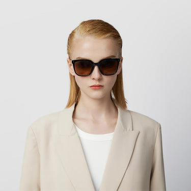 AMELIE SQUARE-FRAME ACETATE SUNGLASSES IN BLACK WITH BROWN LENS