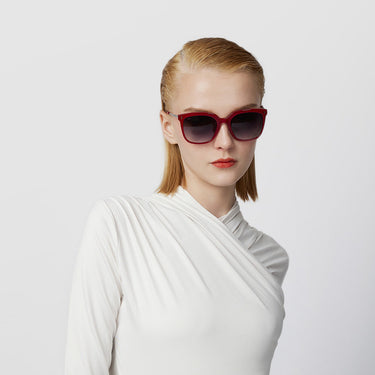 AMELIE SQUARE-FRAME ACETATE SUNGLASSES IN TRANSPARENT MAROON WITH GRADIENT GREY LENS