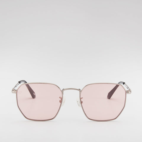 AVA SQUARE-FRAME METAL SUNGLASSES IN BLACK WITH LIGHT PINK LENS